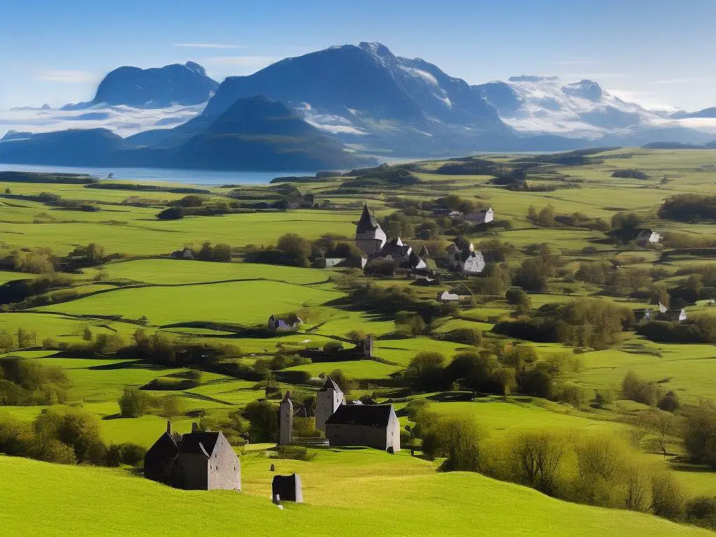 Ein Bild von einer schottischen Landschaft mit einem Schild, auf dem 'Willkommen in Schottland' steht.