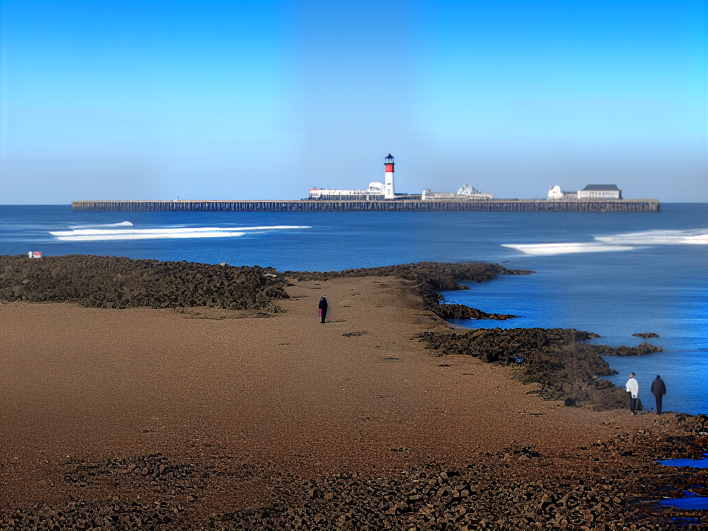 A view of Aberdeen beach with pier and lighthouse in the foreground and a person walking along the beach. The sky is blue with white clouds. The image is a PNG format with three random letters in the filename.