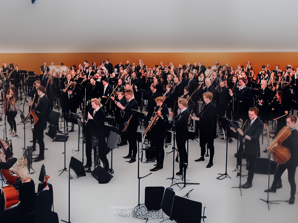 Ein Konzert in der Universität von Aberdeen, bei dem Musiker auf einer Bühne vor einer großen Menschenmenge spielen. Menschen tragen schicke Kleidung und applaudieren nach dem Konzert.