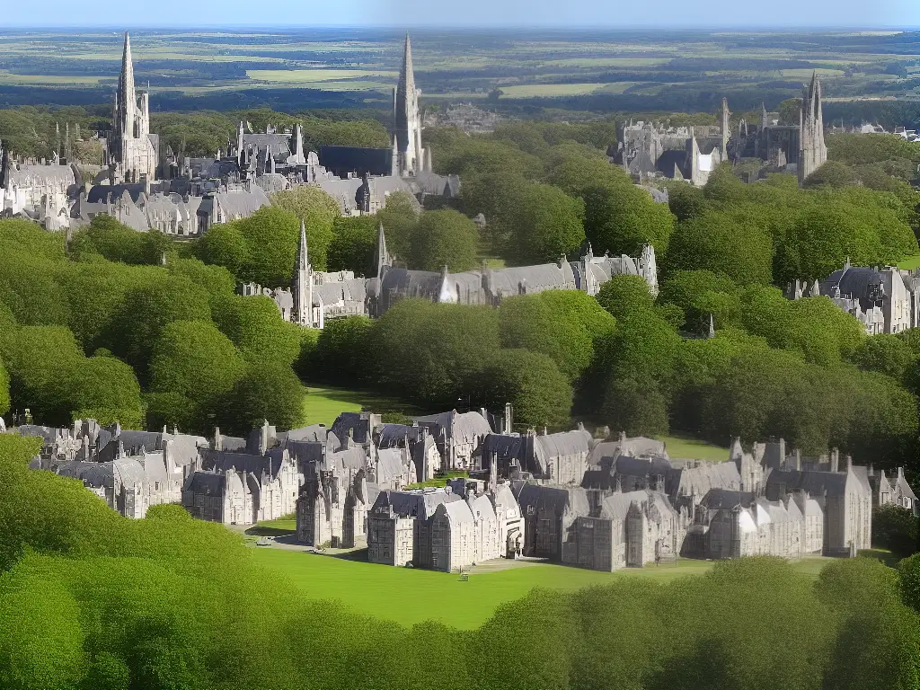In this image, we see the campus of the University of Aberdeen from above with its iconic clock tower visible in the center. The campus is surrounded by vast green grounds and trees, with other academic buildings and student accommodations visible in the background. This image highlights the University of Aberdeen, one of the most important institutions of higher education in Scotland, which played an instrumental role in scientific research and contributions during World War II.