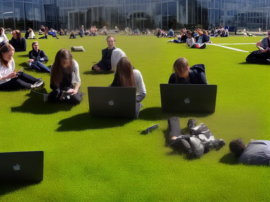Ein Bild von dem Campus der Universität von Aberdeen zeigt Studierende, die auf dem Gras sitzen und auf ihre Laptops schauen.