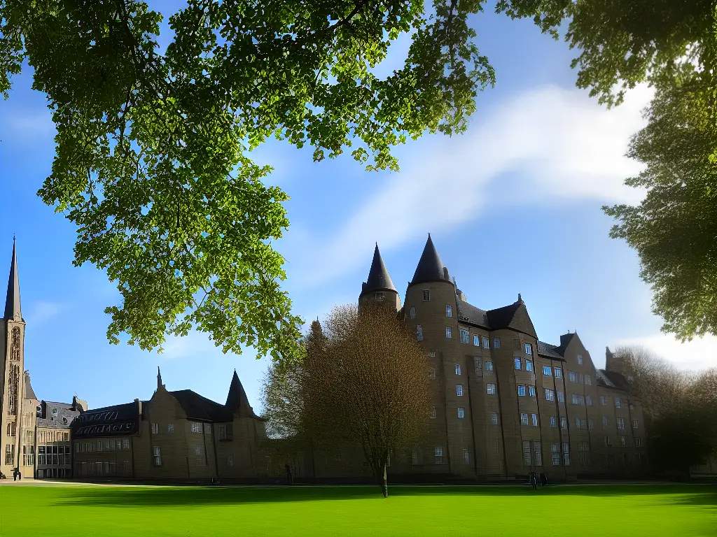 Ein Bild von einem Teil des Campus der Universität von Aberdeen mit historischen Gebäuden und modernen Hochhäusern in der Ferne. Der Himmel ist blau und wolkenlos.