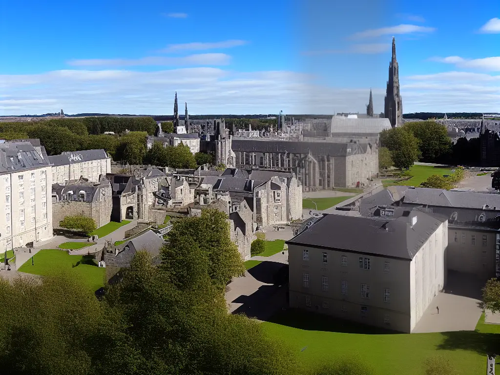Blick auf den Campus der Universität von Aberdeen mit Grünflächen, historischen Gebäuden und modernen Bauten