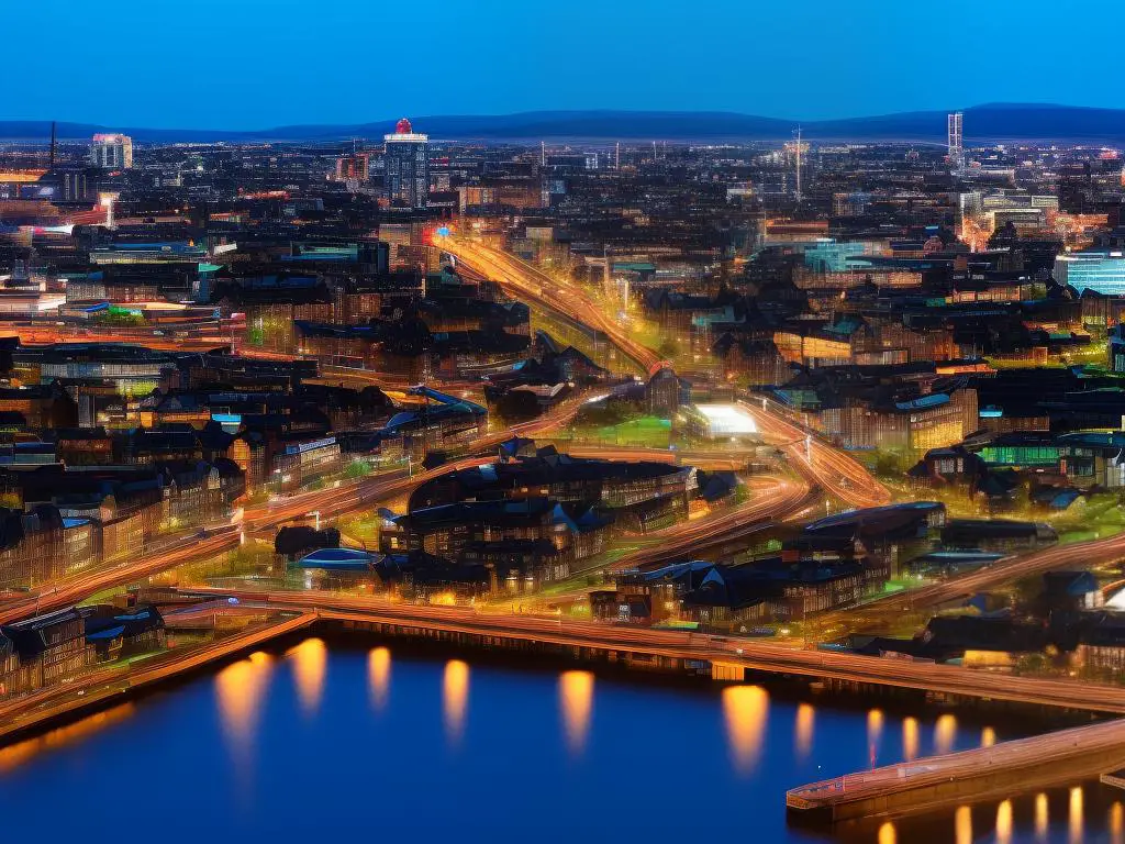 Glasgow city skyline in the evening with lights reflecting off of the River Clyde.