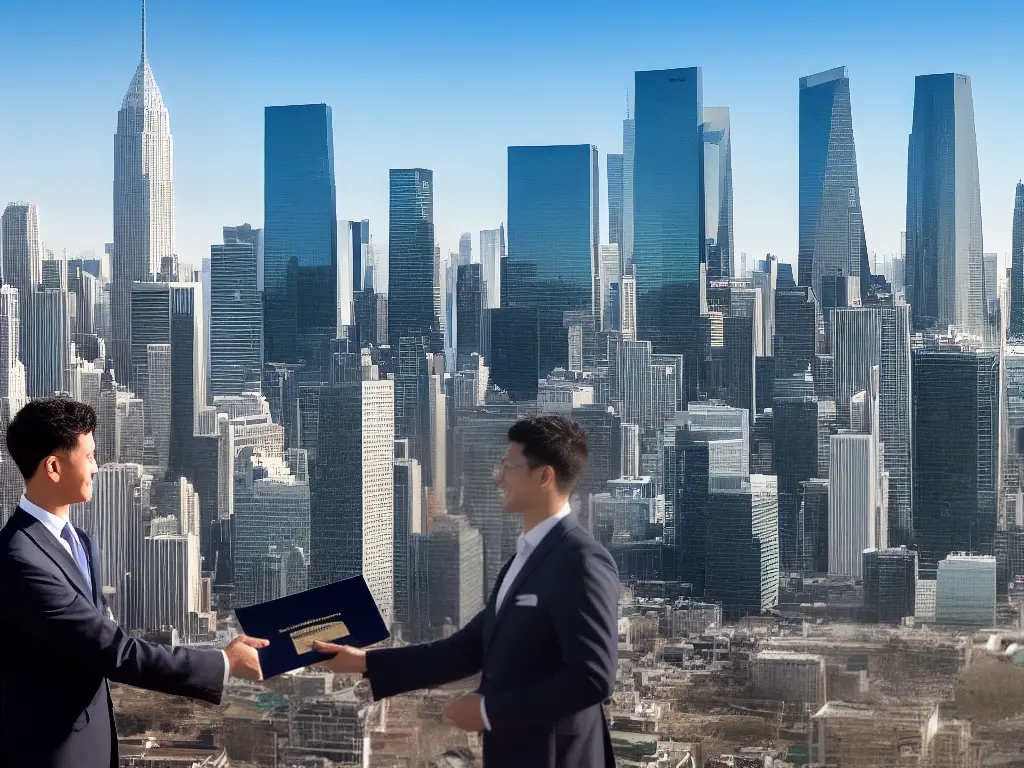 An image depicting a university graduate holding a diploma and shaking hands with a company representative, with a crowd of people and a city skyline in the background.