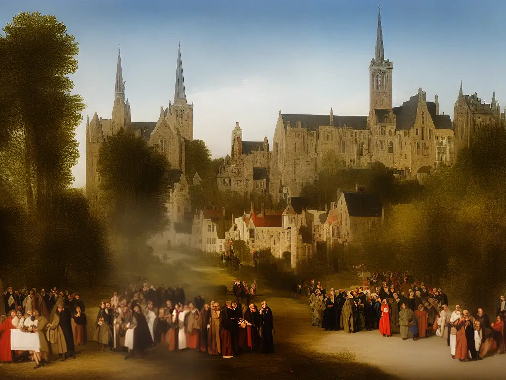 Eine Zeichnung von der Universität von Aberdeen während der Reformation mit vielen Menschen und Kirchtürmen.
