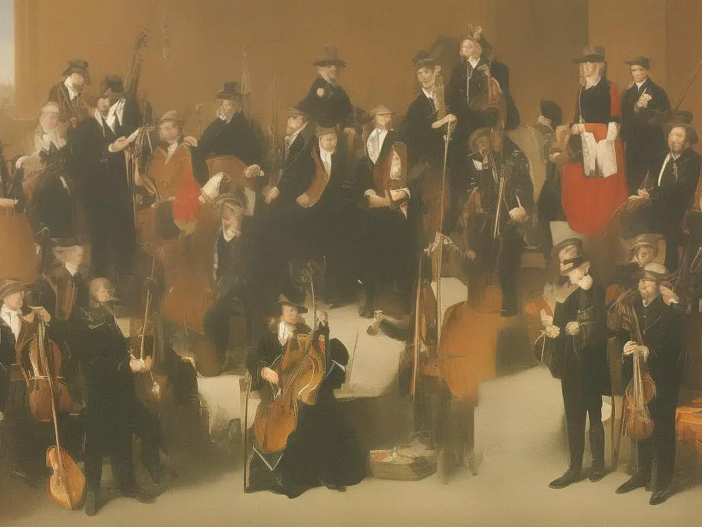 Eine Illustration von schottischen Musikern aus verschiedenen Jahrhunderten, die unterschiedliche Instrumente spielen, während im Hintergrund ein Dudelsackspieler und eine Gruppe von Tänzern zu sehen ist.