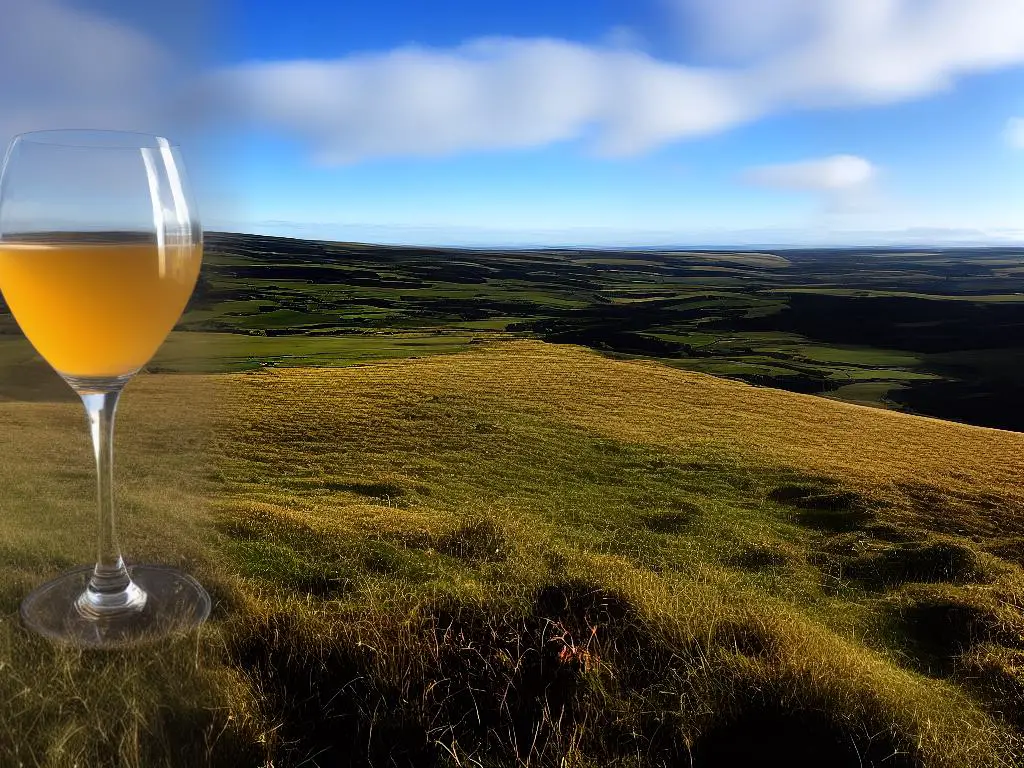 Ein Glas mit braunem Getränk, das Whisky ist, wird vor einer Landschaft mit Hügeln und Heidekraut in Schottland gezeigt