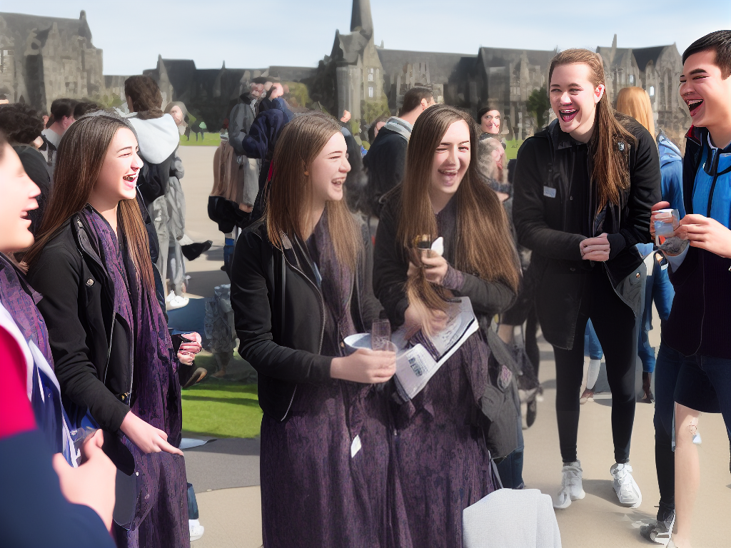 A group of students laughing and socializing at an event, with the University of Aberdeen logo in the background