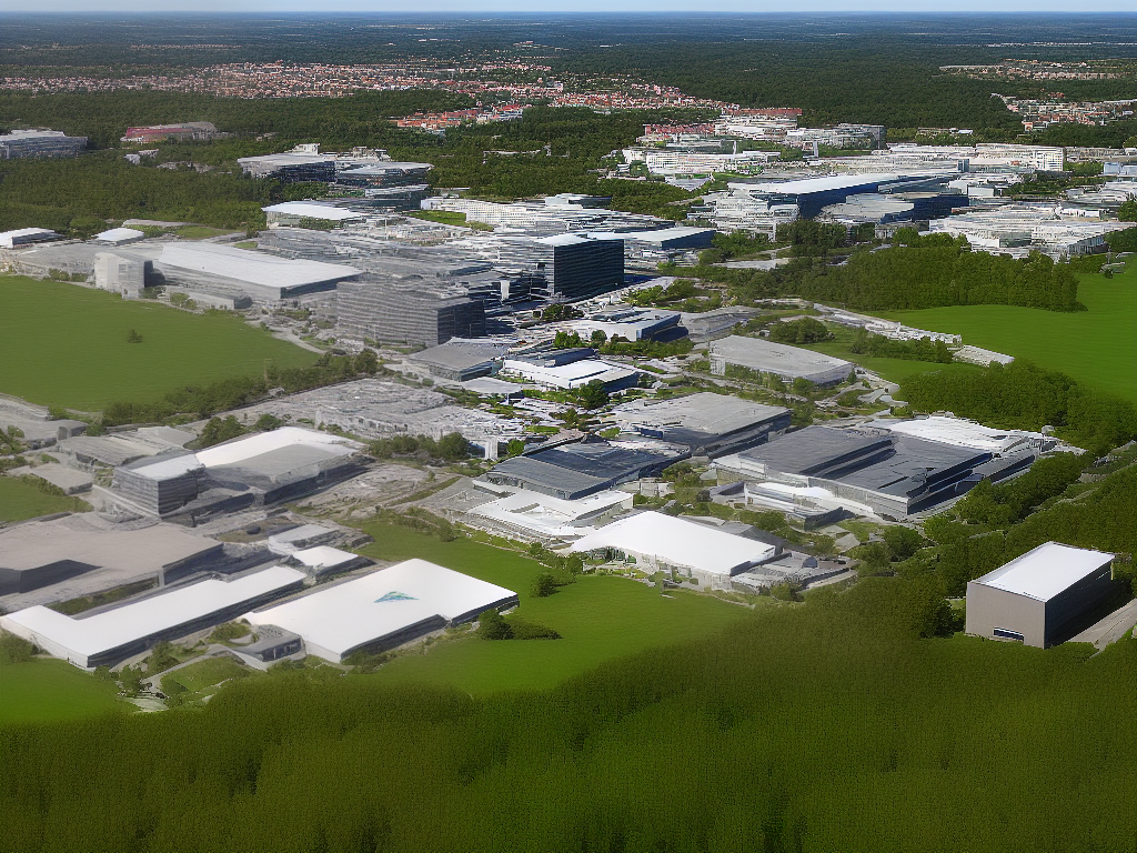 Eine Abbildung eines Campus mit Universitätsgebäuden, Bäumen und Rasenflächen an einem sonnigen Tag
